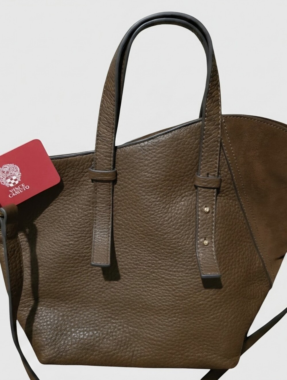 Vince Camuto Brown Pebbled Leather Tote with Red Accent Tag>
